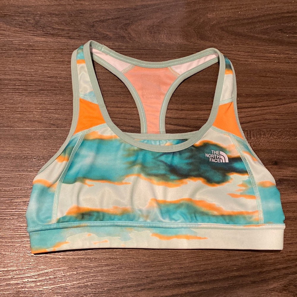 North Face Aqua Green Blue Orange Sports Bra Racerback with Interior Pocket
